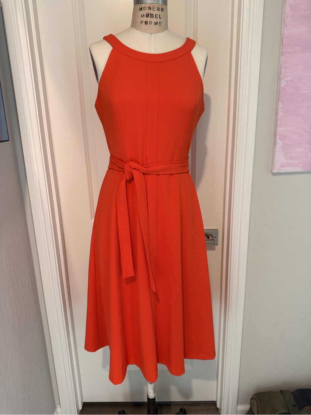 Tommy Hilfiger Sleeveless Tie-Waist Midi Dress in Vibrant Orange